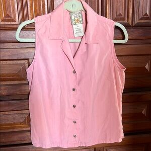 100% Silk Pink Sleeveless Notched Collar Button Down